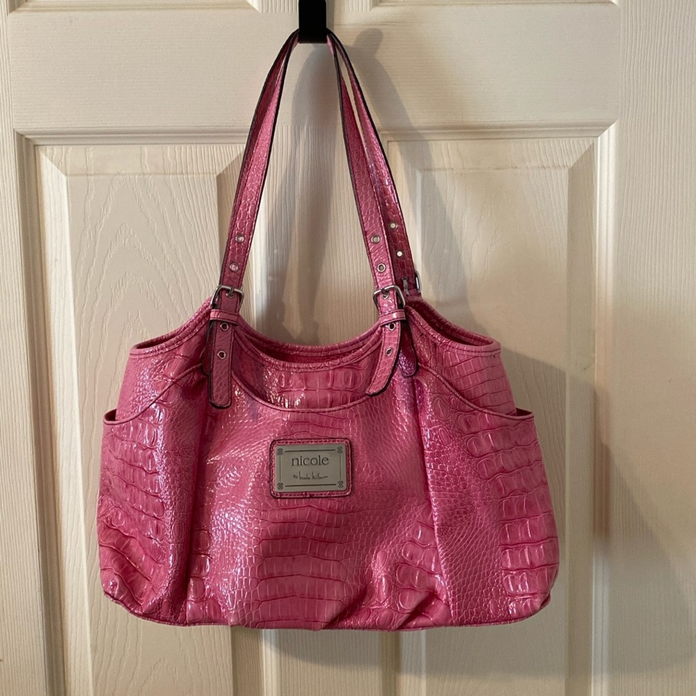 Nicole by Nicole Miller Bright Pink Croc Embossed Shoulder Purse